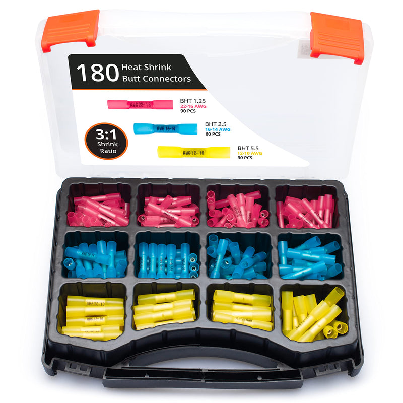 Wirefy 180 PCS Heat Shrink Butt Connectors Kit - Marine Grade Butt Connectors - Wire Butt Splice Connectors - Electrical Waterproof Heat Shrink Butts - 22-10 AWG Butt Connector Kit - 22-10 AWG