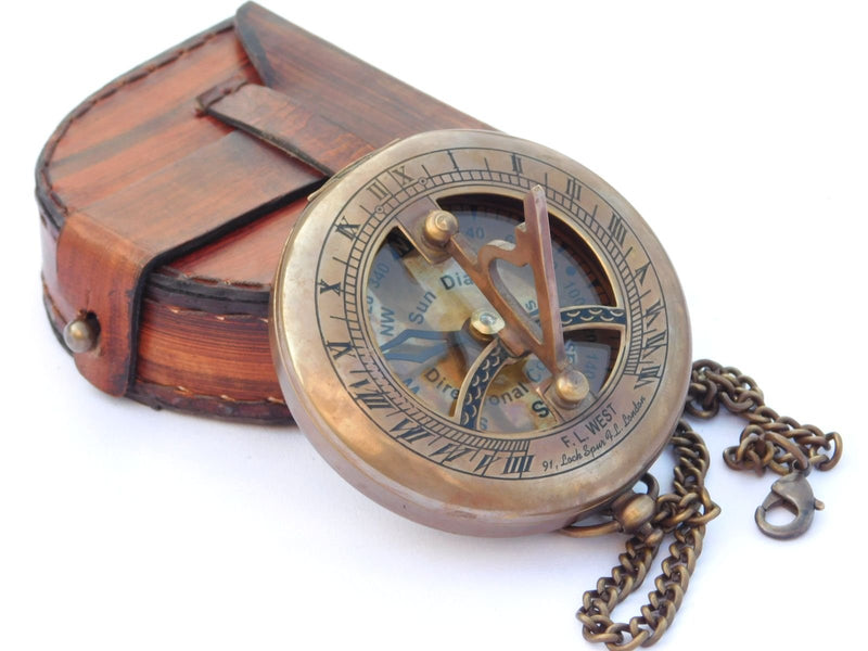 NEOVIVID Brass Sundial Compass with Leather Case and Chain - Push Open Compass - Steampunk Accessory - Antiquated Finish - Beautiful Handmade Gift -Sundial Clock