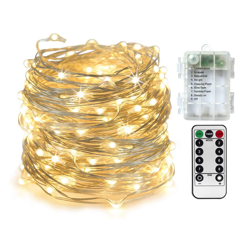 Homeleo 10M 100LED Battery Powered LED String Lights w/ Remote Mini Tiny LED Lamps on Flexible Thin Silver Wire Blinking Twinkle Steady On LED Starry Fairy Lighting(Remote,Warm White) 1 Pack (10M-100LED) Warm White