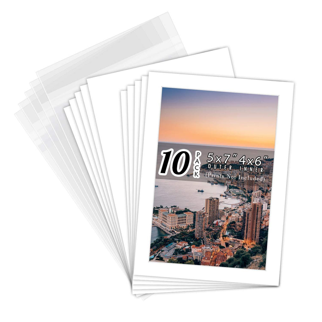 Golden State Art, Pack of 10 White Pre-Cut 5x7 Picture Mat for 4x6 Photo with White Core Bevel Cut Mattes Sets. Includes 10 High Premier Acid Free Bevel Cut Matts & 10 Backing Board & 10 Clear Bags 5" x 7" 10-Pack Complete Set