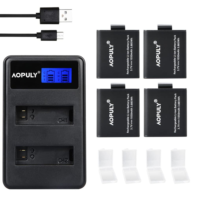 AOPULY 4-Pack PG1050 Rechargeable Action Camera Battery & LCD Dual Charger for 4k Action Camera AKASO EK7000, APEMAN, EKEN, Campark, SOOCOO, DBPOWER, Crosstour, FITFORT, DROGRACE