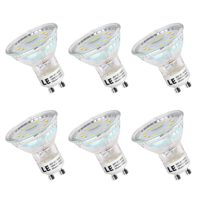 LE GU10 LED Light Bulbs, 50W Halogen Equivalent, Non Dimmable, 5000K Daylight White Natural Light, LED Bulb Replacement for Recessed Track Lighting, 3W 350lm 120° Flood Beam Angle, Pack of 6
