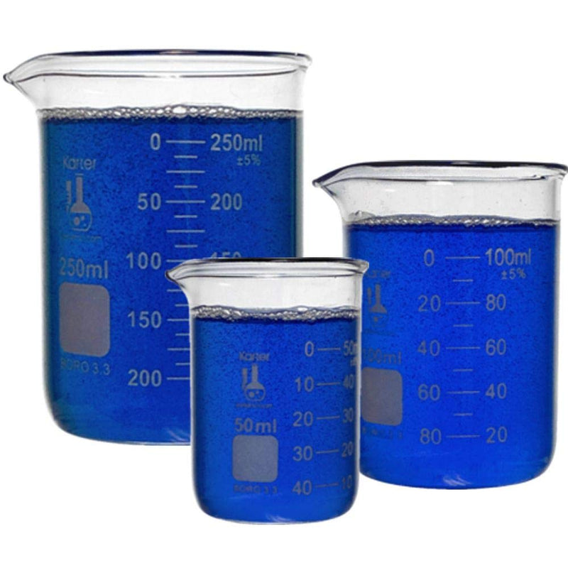 Karter Scientific 214T2, 3.3 Boro, Griffin Low Form, Glass Beaker Set - 3 Sizes - 50ml, 100ml, 250ml 50 / 100 / 250mL STANDARD