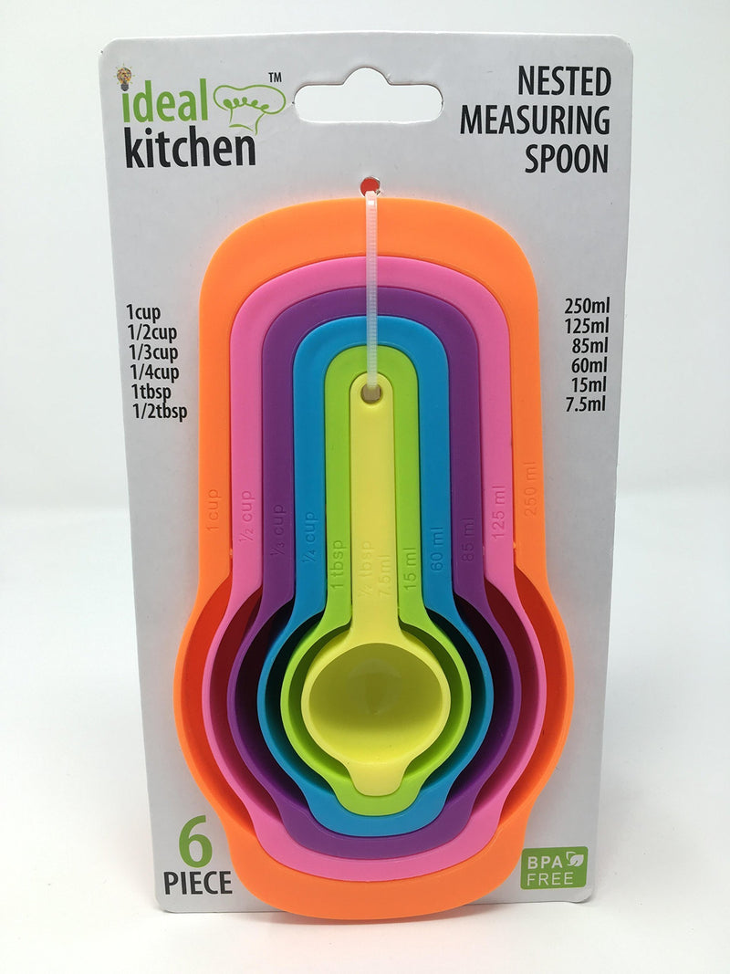 Set of 6 Measuring Cups and Spoons - Space Saving Design - Colorful - Includes: 1/2 Tbls, 1 Tbls, 1/4 cup, 1/3 cup, 1/2 cup, 1 cup - Durable Plastic - Easy to Clean - Dishwasher Safe (Random color) Set of 6