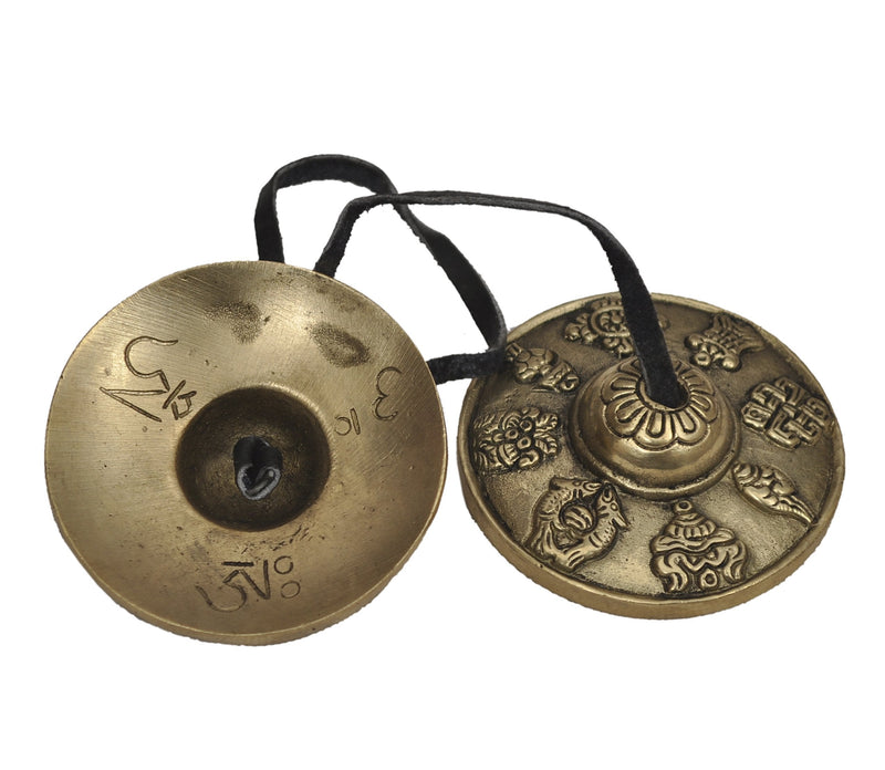 Dharma Store - Tibetan Tingsha Cymbals - 6.2 cm - 8 Lucky Symbols Embossed