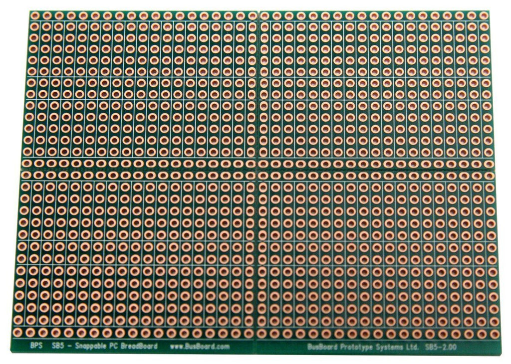 SB5 Snappable PCB BreadBoard with 5-Hole Strips, Scored PCB, Snaps Into 4 Small Boards, 2-Layer, Plated Holes, Power Rails, 2.8 x 3.8in (73.7 x 96.5mm)