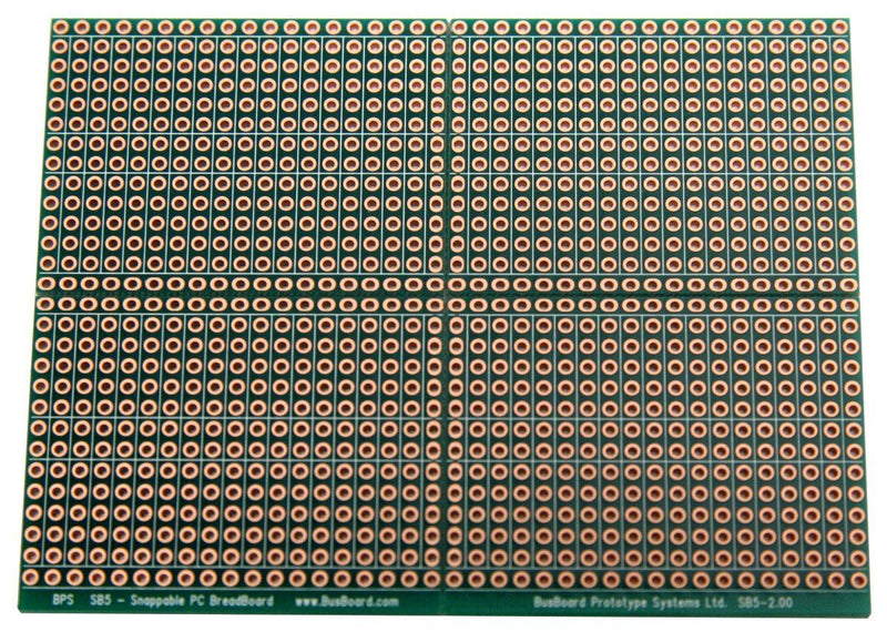 SB5 Snappable PCB BreadBoard with 5-Hole Strips, Scored PCB, Snaps Into 4 Small Boards, 2-Layer, Plated Holes, Power Rails, 2.8 x 3.8in (73.7 x 96.5mm)