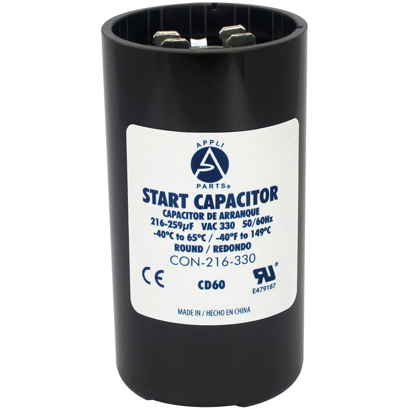 Appli Parts motor start capacitor 216-259 Mfd (microfarads) uF 330VAC universal fit for electric motor applications 1-3/4 in Wide 3-3/8 in Height CON-216-330 330 Vac