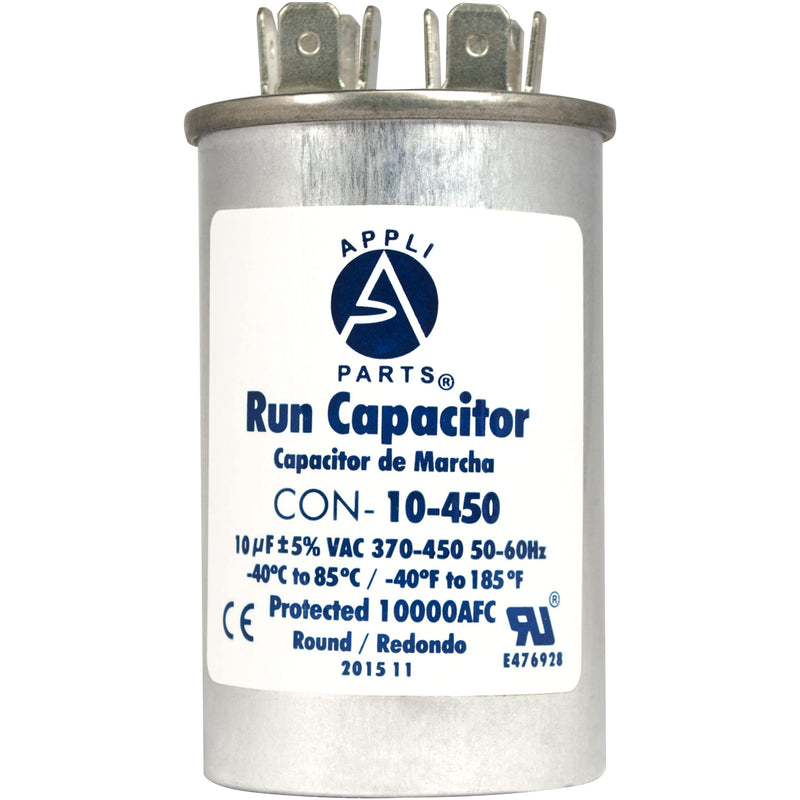 Appli Parts Run Capacitor for ac 10 Mfd uF (microfarads) 370 VAC or 450 VAC CBB65 Round Universal fit for hvac and other applications 3 in High 1-1/2 in Wide CON-10-450