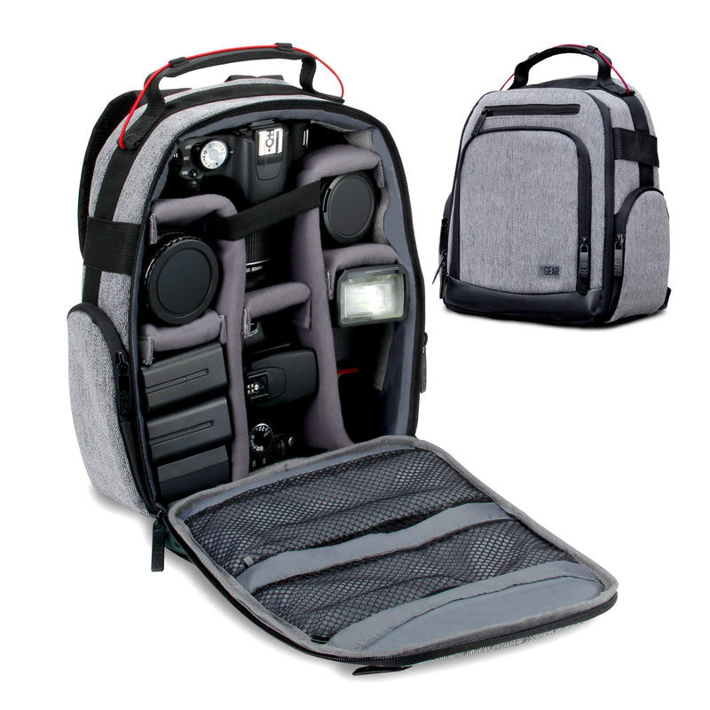 USA GEAR Portable Camera Backpack for DSLR (Gray) with Customizable Accessory Dividers, Weather Resistant Bottom and Comfortable Back Support - Compatible with Canon, Nikon and More Grey and Black