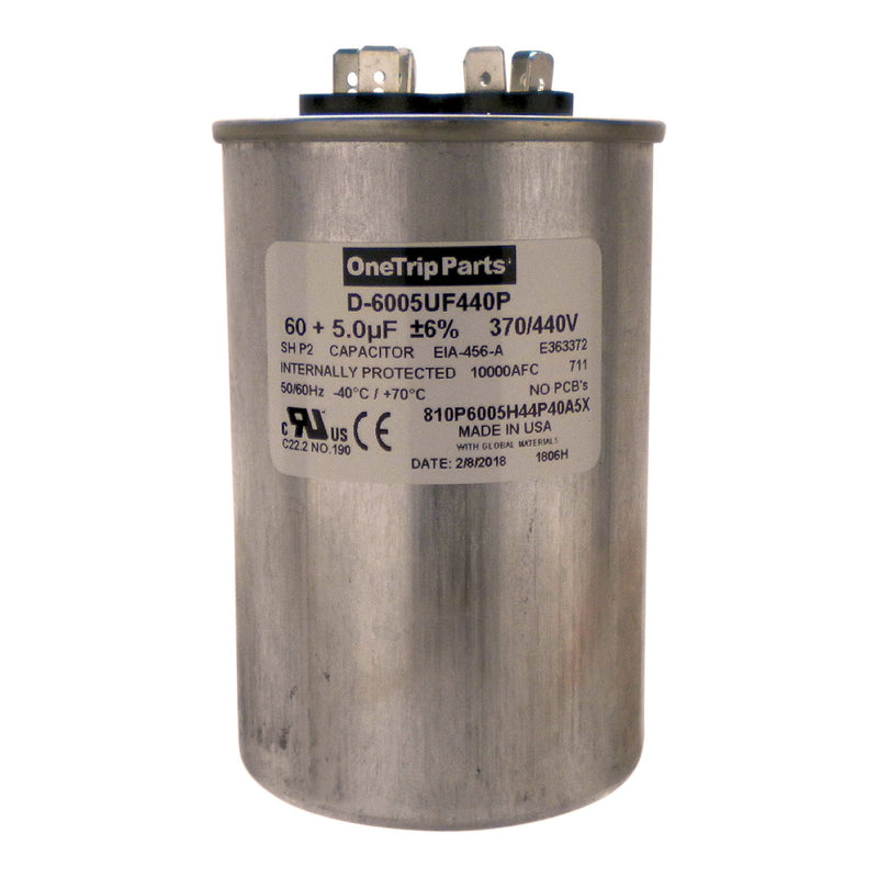 OneTrip Parts USA Run Capacitor 60+5 UF 60/5 MFD 370 VAC / 440 VAC 2-1/2 Inch Round Heavy Duty