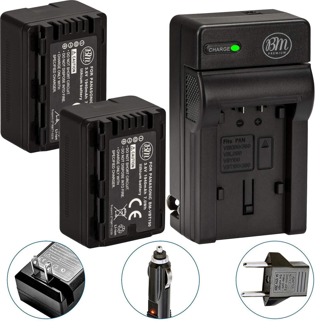 BM Premium 2-Pack of VW-VBT190 Batteries and Battery Charger for HC-V800K, HC-VX1K, HC-WXF1K, HCV520, HC-V550, HCV710, HCV720, HC-V750, HC-V770, HC-VX870, HC-VX981, HC-W580, HC-W850, HCWXF99