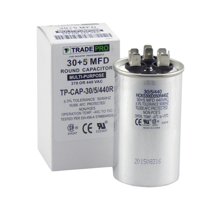 TradePro 30/5 MFD 440 or 370 Volt Round Run Capacitor Replacement