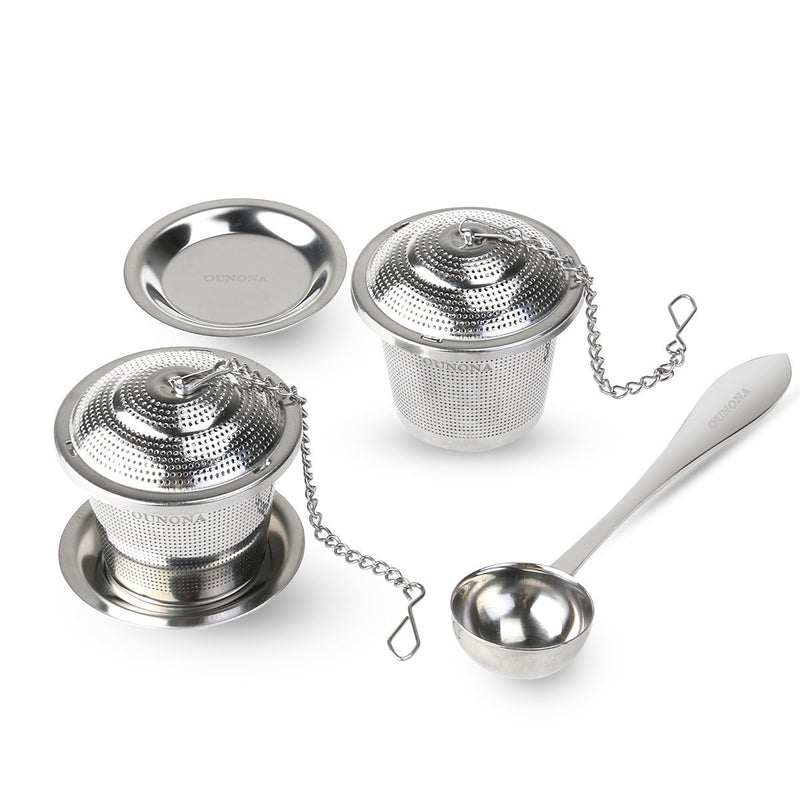 OUNONA 2pcs Tea Strainer Tea Infuser 304 Stainless Steel Tea Steeper with Tea Scoop and Drip Trays