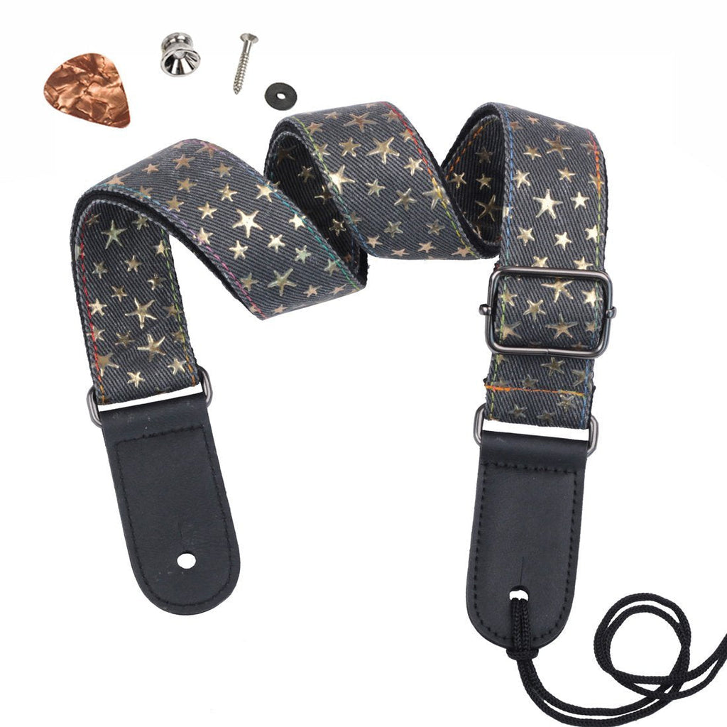 HOT SEAL Western Cowboy Style Adjustable Uke Genuine Leather Metal Hook Ukulele Strap Strong Back Straps (Black denim star) Black denim star