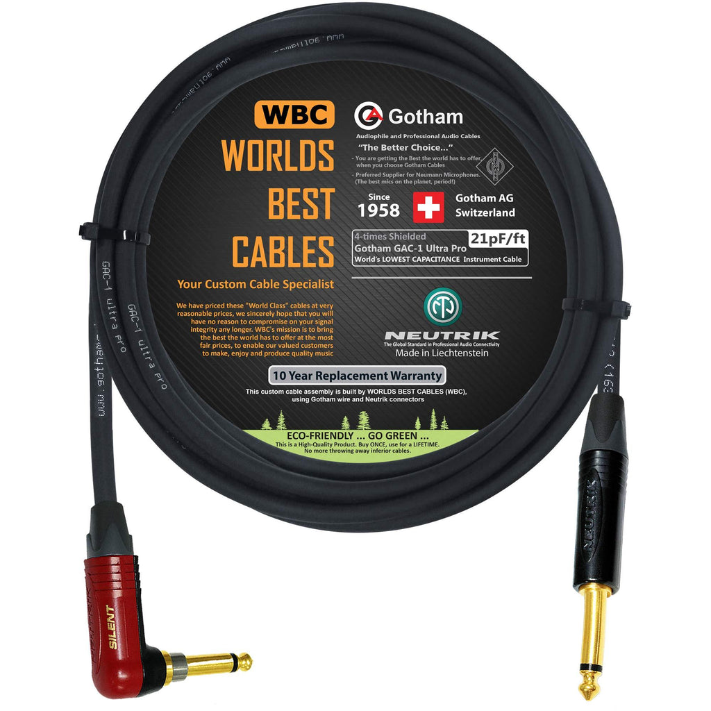 [AUSTRALIA] - 12 Foot - Gotham GAC-1 Ultra Pro - Premium Low-Cap (21 pf/F) Guitar Bass Instrument Cable w/Neutrik Gold Straight to Angled (Silent Plug) ¼ inch (6.35mm) TS Plugs - Custom Made by WORLDS BEST CABLES 