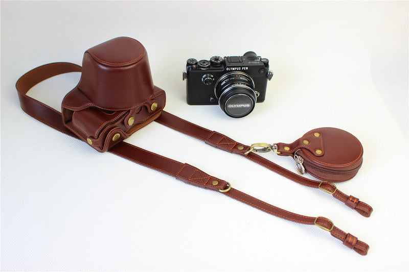 Olympus Pen-F Case, BolinUS Handmade Genuine Real Leather Fullbody Camera Case Bag Cover for Olympus Pen-F Bottom Opening Version with Neck Strap - Brown