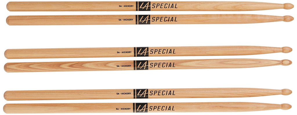 LA Specials 5A Hickory Drumsticks, Oval Wood Tip, Three Pairs Classic