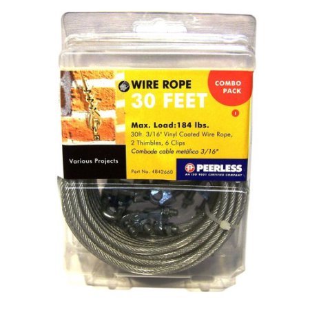 Vinyl-Coated Wire Rope Kit with Accessories 3/16" x 30 feet - Flexible Durable Project Cable with clips & thimbles Max Load 184 lbs metal wire