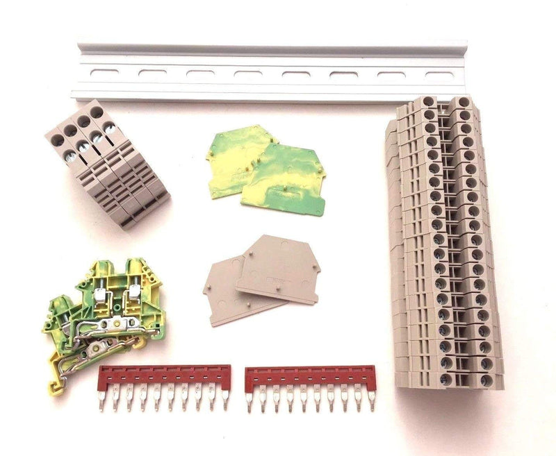 Dinkle DIN Rail Block Kit #2 DIN Rail Terminal Block Kit Dinkle 20 DK4N 10 AWG Gauge Ground DK4N-PE Jumper DSS4N-10P End Covers End Brackets,30 Amp, 600V
