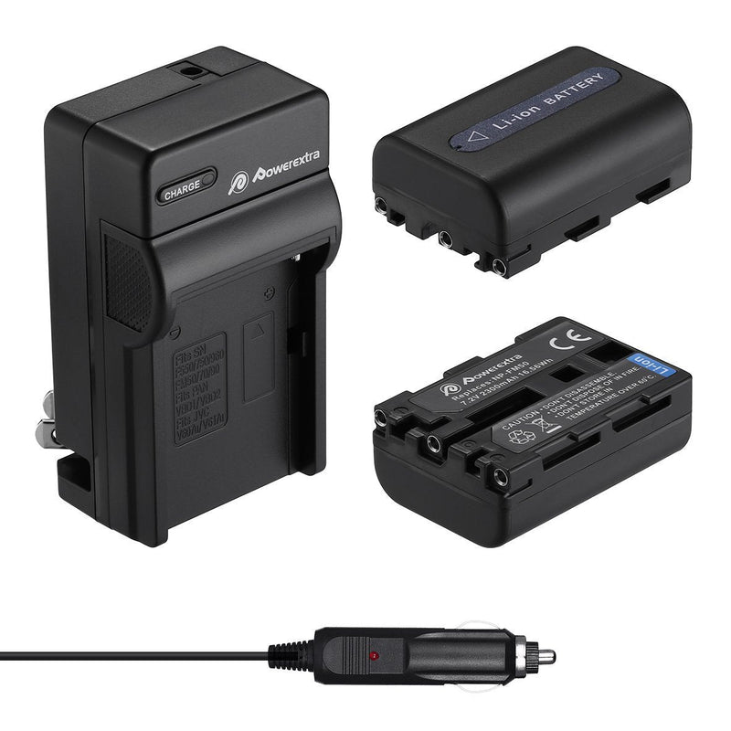 Powerextra 2 Pack Replacement Sony NP-FM50 Battery and Travel Charger Compatible with Sony NP-FM30 NP-FM51 NP-QM50 NP-QM51 NP-FM55H Battery and Sony M Type NP-FM50 Equivalent Camcorder/Camera