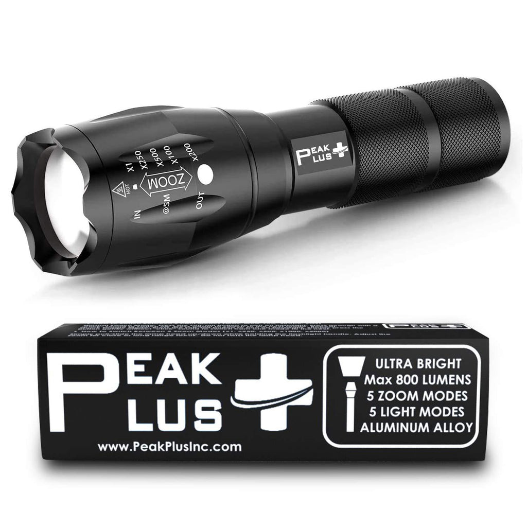 PeakPlus LED Tactical Flashlight - Brightest Max 800 Lumens EDC Flashlight, High Powered Zoom 5 Modes Tac Light For Camping, Spotlight, Military, Emergency