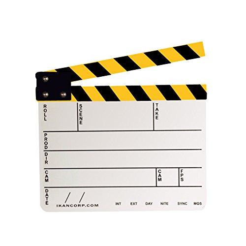 Professional Movie Directors Clapboard, Photography Studio Camera Video TV Acrylic Clapper Board Dry Erase Film Slate Cut Action Scene Clapper with Yellow/Black Sticks 9.6x11.7 inch/25x30cm, White