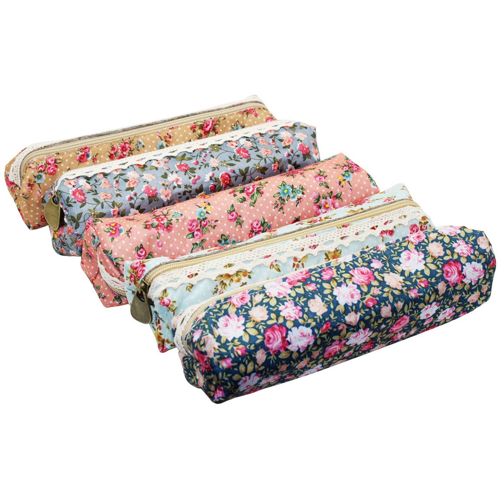 LJY 5-Pack Assorted Flower Floral Canvas Pen Holder Stationery Pencil Pouch Cosmetic Bags