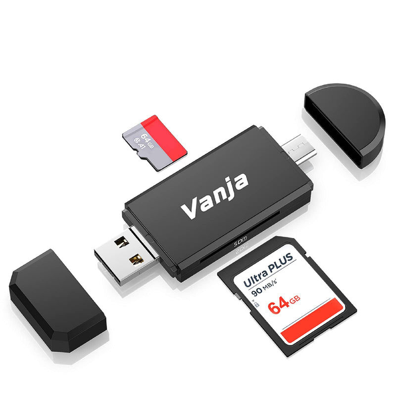 Vanja Type C Card Reader, 3-in-1 USB 2.0 Portable Memory Card Reader and Micro USB to USB C OTG Adapter for SD-3C SDXC SDHC MMC RS-MMC UHS-I Cards. Black