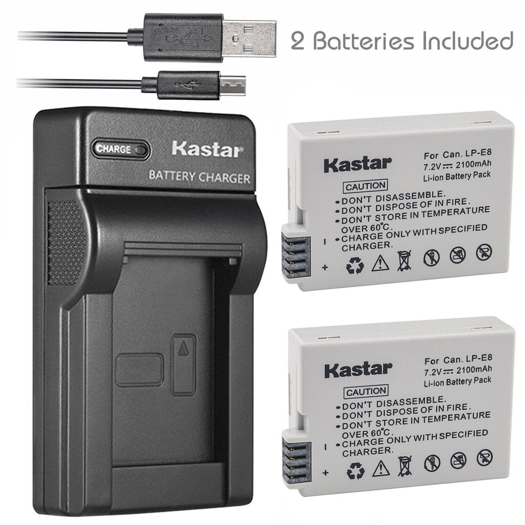 Kastar Battery (X2) & Slim USB Charger for LP-E8, LC-E8E and EOS 550D, EOS 600D, EOS 700D, EOS Rebel T2i, EOS Rebel T3i, EOS Rebel T4i, EOS Rebel T5i Cameras, Grip BG-E8