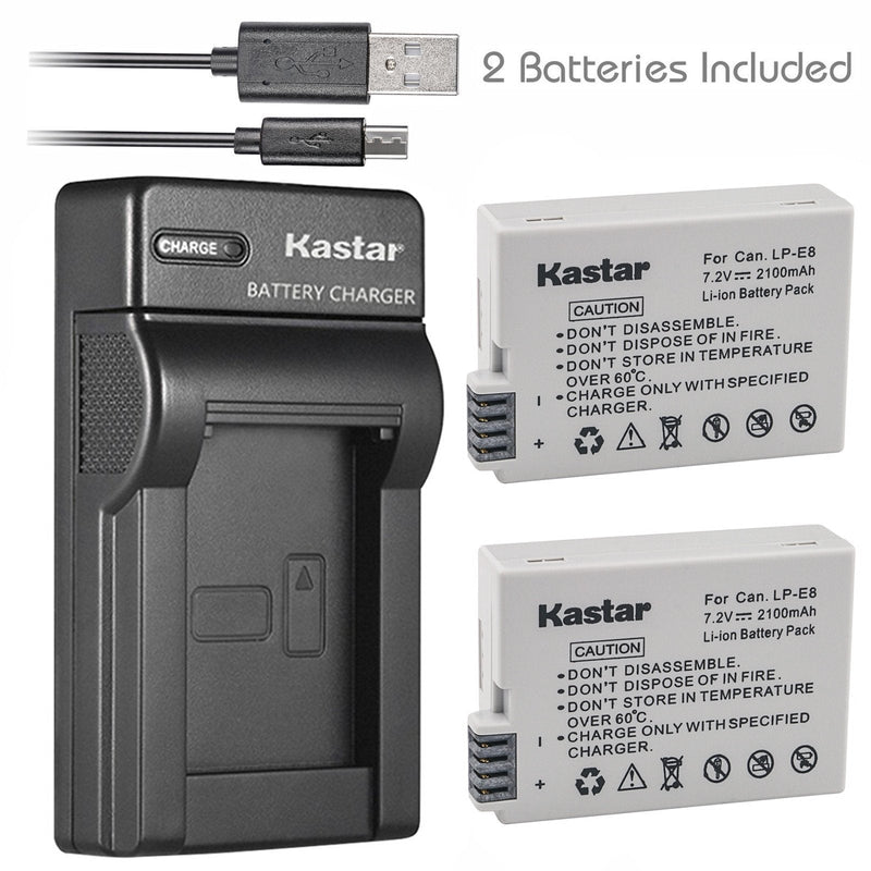 Kastar Battery (X2) & Slim USB Charger for LP-E8, LC-E8E and EOS 550D, EOS 600D, EOS 700D, EOS Rebel T2i, EOS Rebel T3i, EOS Rebel T4i, EOS Rebel T5i Cameras, Grip BG-E8