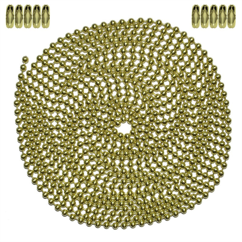 10 Foot Length Ball Chain, Number 3 Size, Yellow Brass, & 10 Matching Connectors 10 Foot