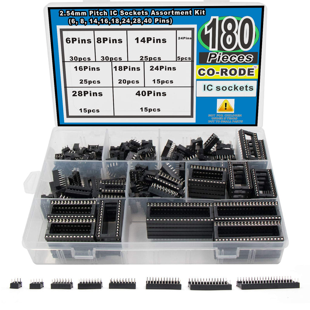 180Pcs DIP Dual Row 2.54mm Pitch IC Sockets Solder Type Adaptor Assortment Kit (6, 8, 14,16,18,24,28,40 Pins)