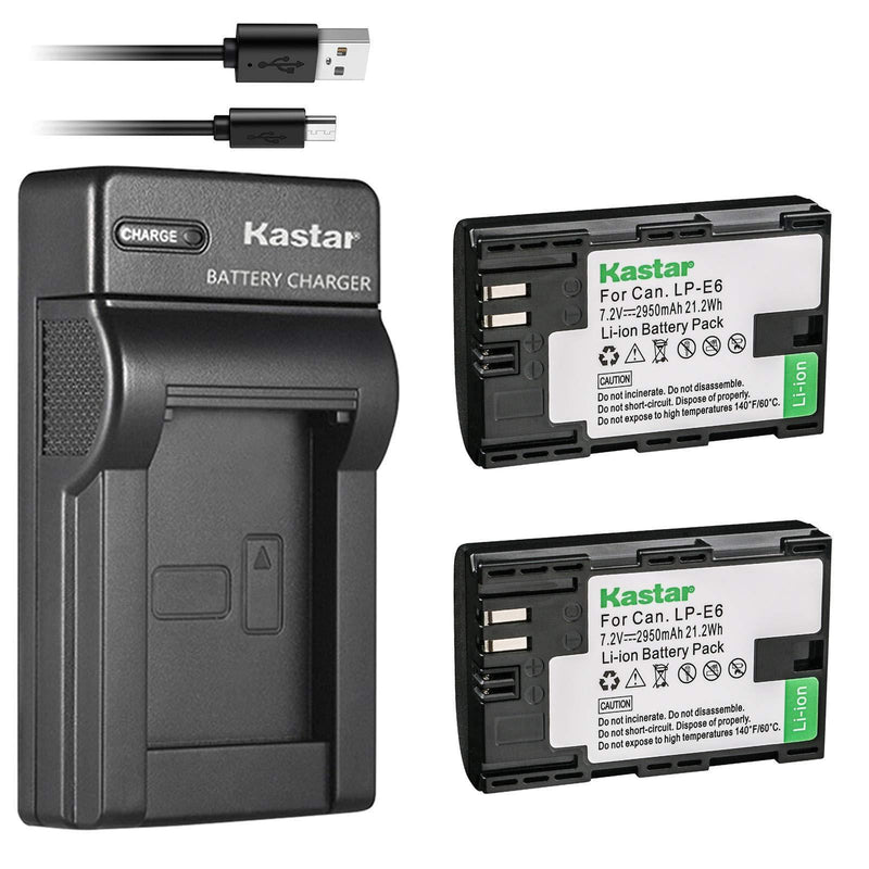 Kastar Battery (X2) Slim USB Charger for Canon LP-E6 LP-E6N, EOS 60D 60Da EOS 70D XC10 EOS 5D Mark II 5D Mark III 5D Mark IV, EOS 5DS 5DS R, EOS 6D 7D Mark II, BG-E14 BG-E13 BG-E11 BG-E9 BG-E7 BG-E6