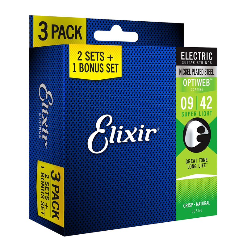 Elixir Strings 16550 Guitar Strings with OPTIWEB Coating, 3 Pack, Super Light (.009-.042) Super Light (.009-.042)
