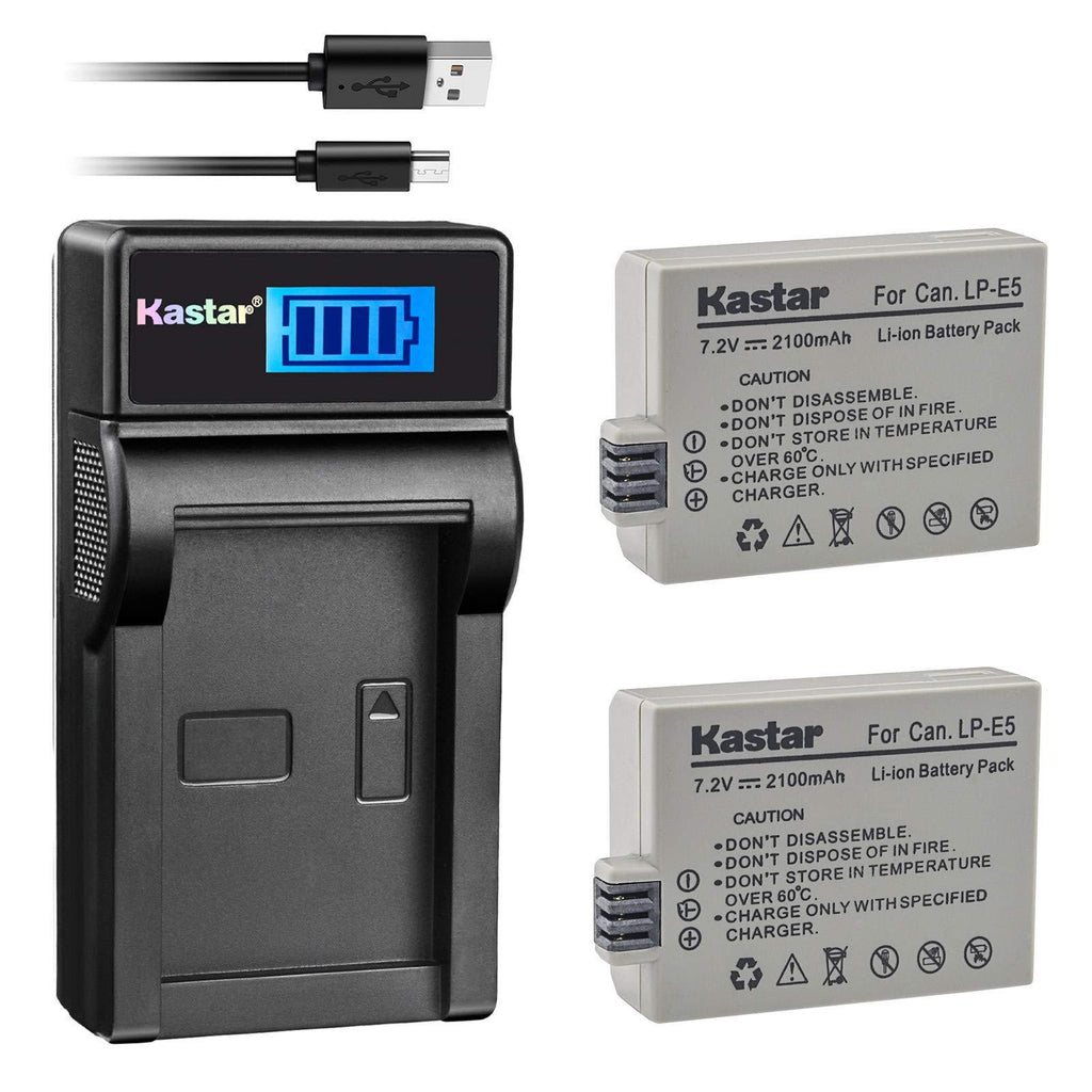 Kastar Battery (X2) & LCD Slim USB Charger for LP-E5 LPE5 and EOS Rebel XS, Rebel T1i, Rebel XSi, 1000D, 500D, 450D, Kiss X3, Kiss X2, Kiss F Digital Camera, BG-E5 Grip