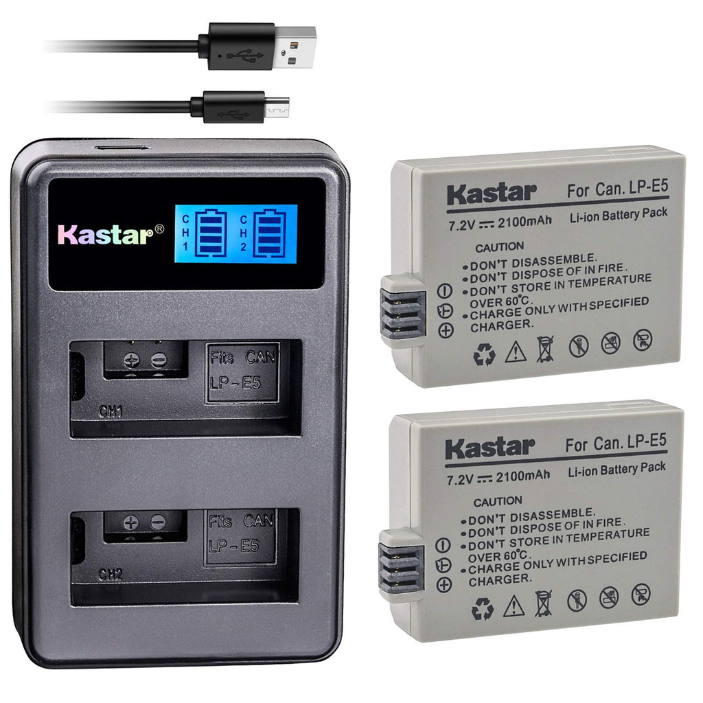 Kastar Battery (X2) & LCD Dual Slim Charger Replacement for LP-E5 LPE5 and EOS Rebel XS, Rebel T1i, Rebel XSi, 1000D, 500D, 450D, Kiss X3, Kiss X2, Kiss F Digital Camera, BG-E5 Grip
