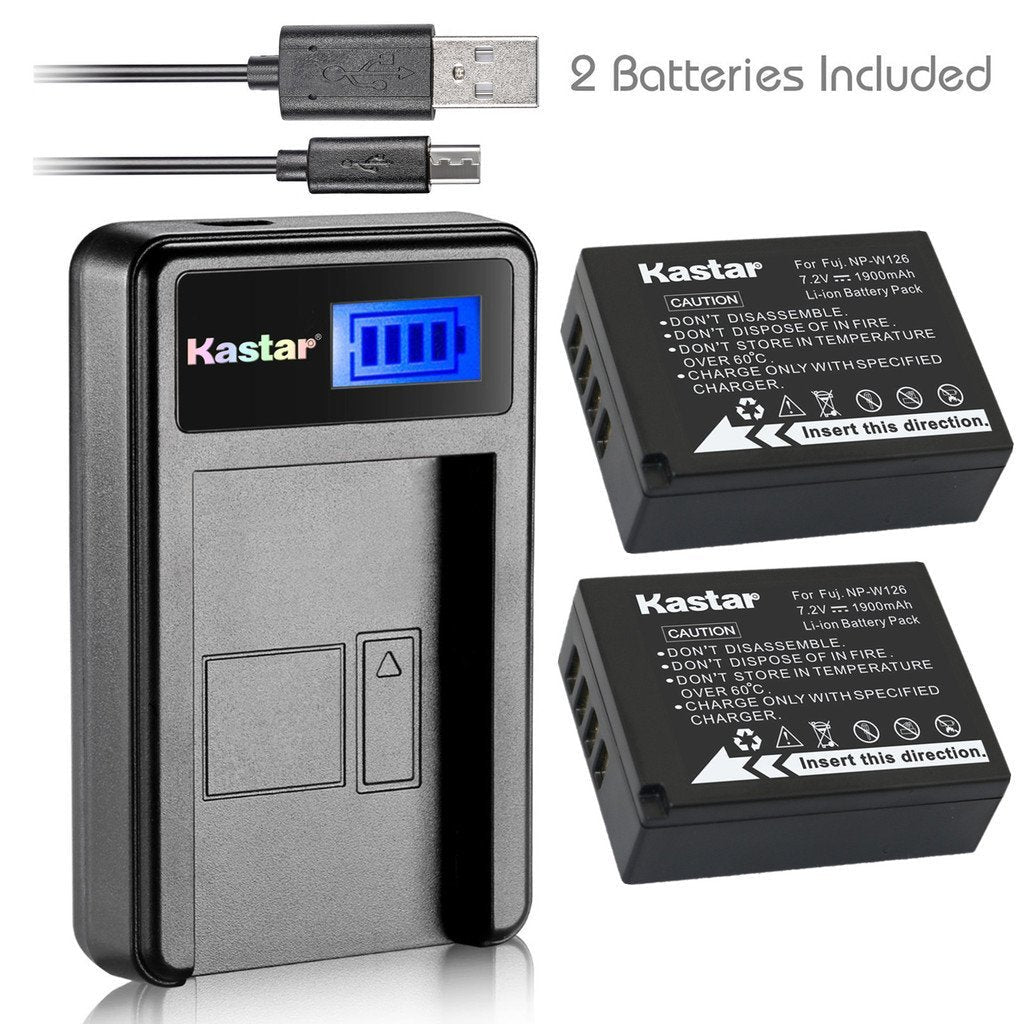 Kastar Battery (X2) & LCD Slim USB Charger for Fujifilm NP-W126 NP-W126S and FUJIFILM X-Pro2 X-Pro1 X-T2 X-TX-T10 X-E2S X-E2 X-E1 X-M1 X-A10 X-A3 X-A2 X-A1, FinePix HS50EXR HS30EXR HS33EXR Cameras