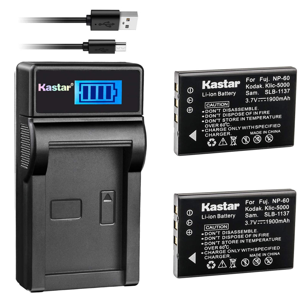 Kastar Battery (X2) & LCD Slim USB Charger for Fujifilm NP-60, Kodak KLIC-5000, Samsung SLB-1137, Olympus Li-20B and Fujifilm FinePix, Kodak EasyShare, One Series, Samsung, Olympus AZ-1, AZ-2 Camera