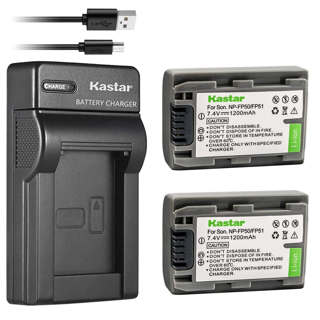 Kastar Battery (X2) & Slim USB Charger for Sony NP-FP51 NP-FP50 and DCR-30 DVD103 DVD105 DVD203 DVD205 DVD305 DVD92 HC20 HC21 HC26 HC32 HC36 HC40 HC42 HC46 HC65 HC85 HC96 SR40 SR60 SR80 SR100 TRV460E