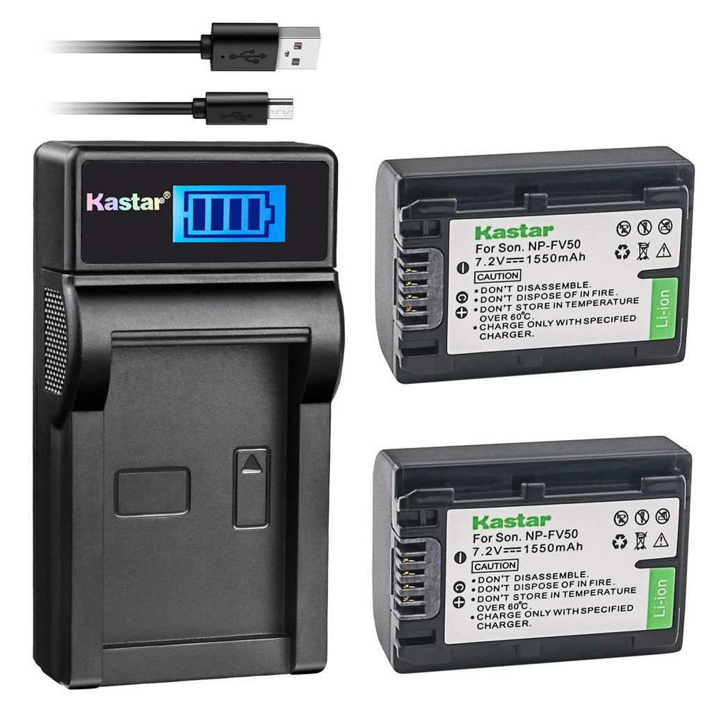 Kastar Battery (X2) & LCD USB Charger for Sony NP-FV50 NP-FV40 NP-FV30 and AX53 CX675/B CX220 CX230 CX290 CX330 CX380 CX430V CX900 PJ200 PJ230 PJ340 PJ380 PJ430V PJ540 PJ650V PV790V PJ810 TD30V AX100