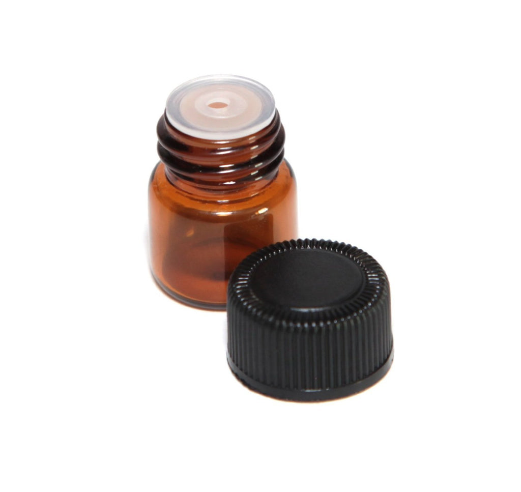 25 Pcs 1ML Amber Glass Bottles Mini Essential Oil Vials Containers with Orifice Reducers and Black Cap for Aromatherapy Reagents Cologne Perfume Samples