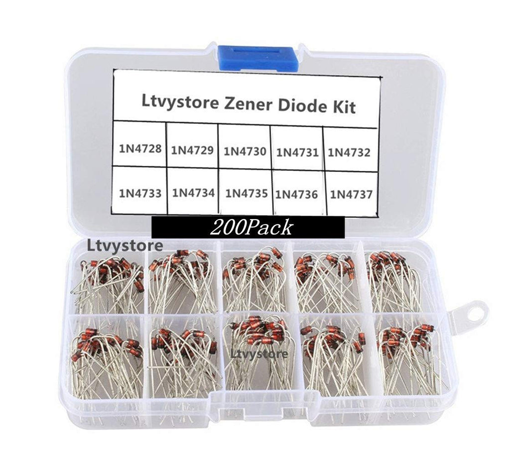 Zener Diodes Kit, 1W Axial Leads Through Hole Power Diode Assorted Assortment Box Kit Set (3.3V/3.6V/3.9V/4.3V/4.7V/5.1V/5.6V/6.2V/6.8V/7.5V), Range 1N4728~1N4737,Pack of 200, By Ltvystore