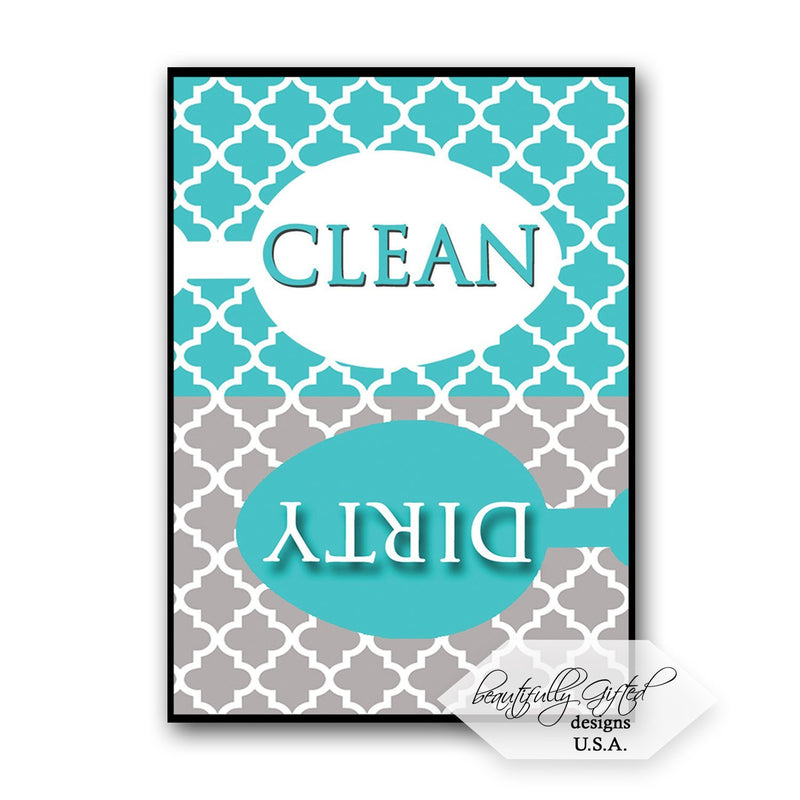 Dishwasher Magnet Clean Dirty Sign for Dishes - Elegant Quatrefoil Moroccan Trellis Modern Pattern - AQUA BLUE - 2.5 x 3.5 - Housewarming and Gag Gift Idea / Stocking Stuffers for Men Women & Teens