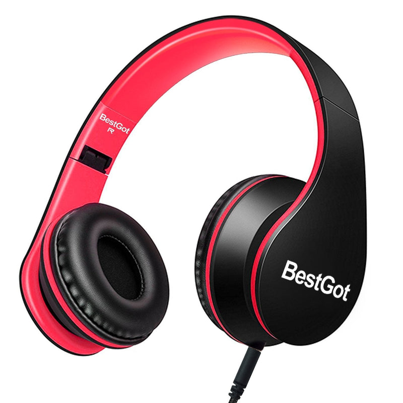 BestGot Kids Headphones for Kids Boys Over Ear Kids Headphones with Microphone in-line Volume Foldable Headphones with 3.5mm Plug Removable Cord (Black/Red) Black / Red