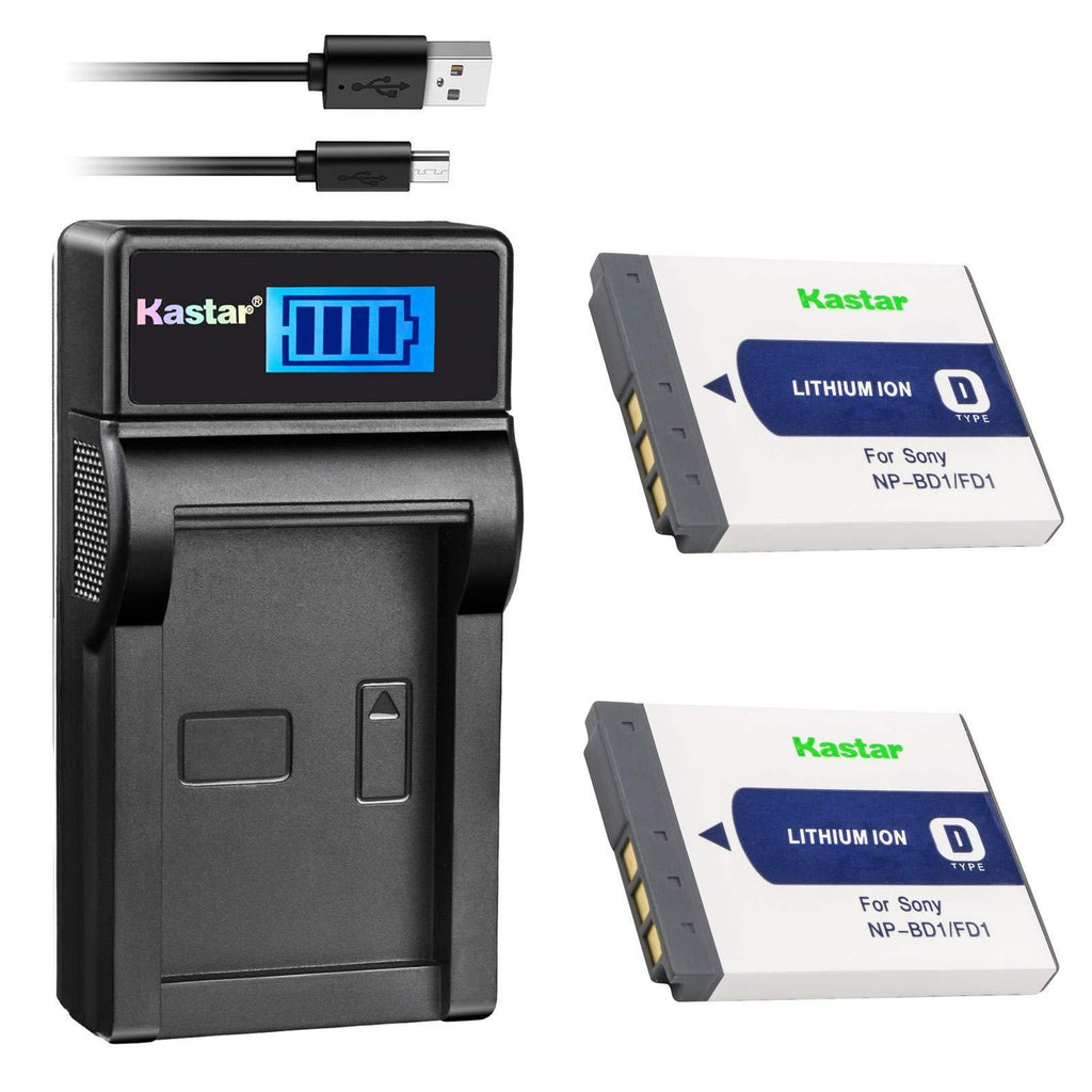 Kastar Battery (X2) & LCD Charger for Sony NP-BD1, NP-FD1, NPBD1 NPFD1 and Sony Cyber-shot DSC-G3, DSC-T2, DSC-T70, DSC-T75, DSC-T77, DSC-T90, DSC-T200, DSC-T300, DSC-T500, DSC-T700, DSC-T900, DSC-TX1