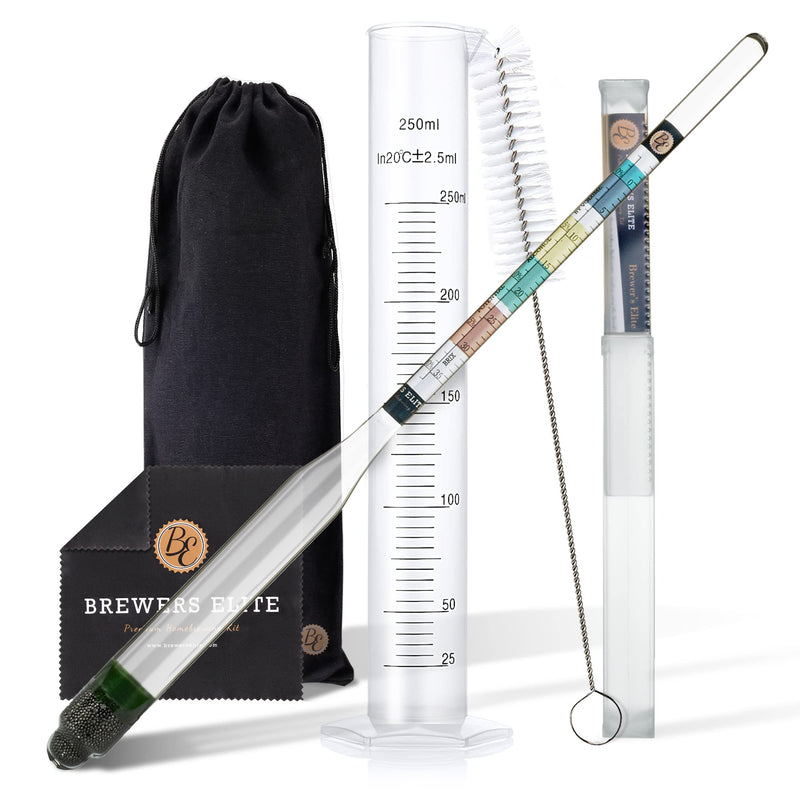Brewer's Elite Hydrometer & Plastic Test Jar - for Home Brew Beer, Wine, Mead and Kombucha - Deluxe Triple Scale Set, Hardcase and Cloth - Specific Gravity ABV Tester Hydrometer & Plastic Test Jar Kit