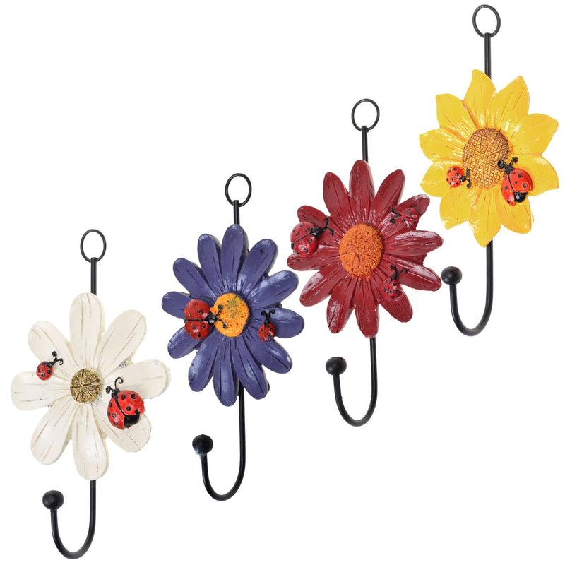 COSMOS Pack of 4 Assorted Colors Vintage Metal and Polyresin Art Flower Design Decorative Key Hat Cloth Towel Hooks Wall Hanger