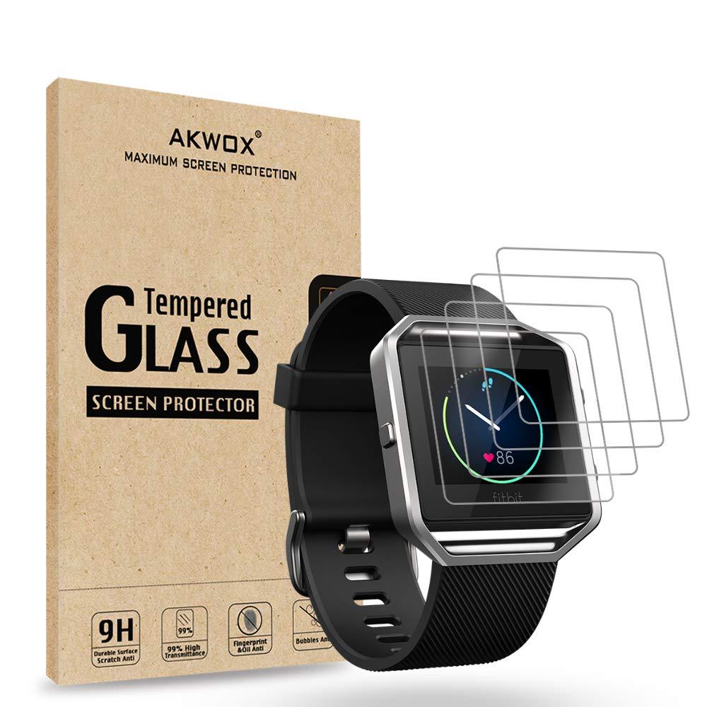 (Pack of 4) Tempered Glass Screen Protector for Fitbit Blaze Smart Watch, Akwox [0.3mm 2.5D High Definition 9H] Premium Clear Screen Protective Film for Fitbit Blaze