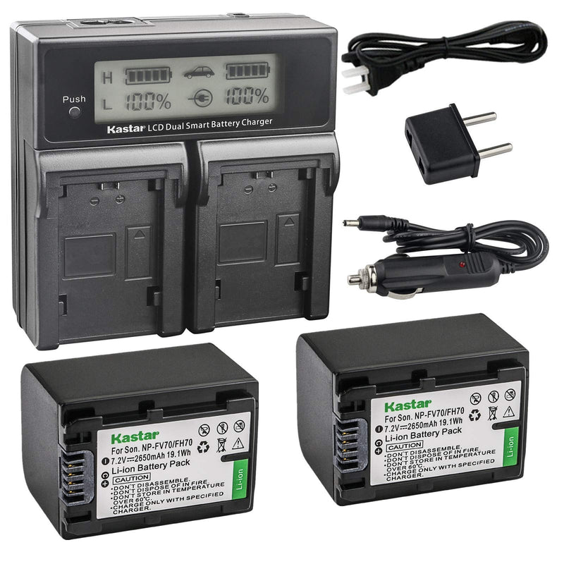 Kastar LCD Dual Smart Fast Charger & 2 x Battery for Sony NP-FV70, NP-FH70 and FDR-AX53, HDR-CX675, HDR-CX455, HDR-CX900, TD30V, HDR-PV710V, HDR-PJ670, HDR-PJ810, HDR-TD30V, FDR-AX33, FDR-AX100